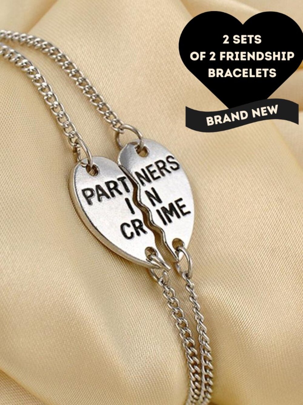 TWO Sets of 2 (4) Silver Plated Friendship Couples Bracelets Partners in Crime